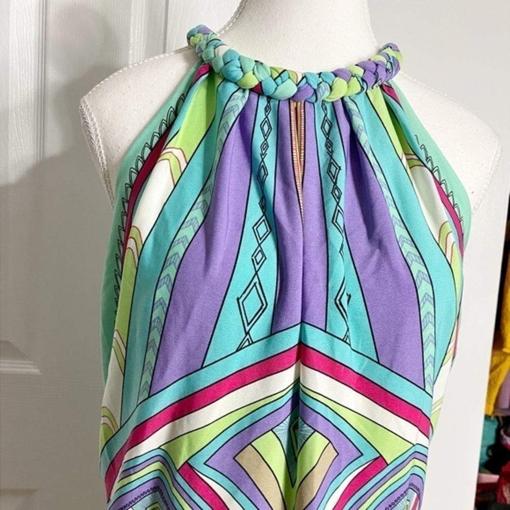 London Times Colorful Geometric‎ Diamond Print Halter Style Midi Dress - Picture 3 of 12